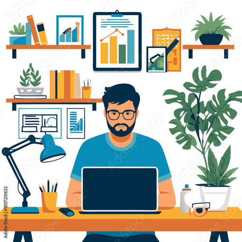 Man working on laptop in modern office with plants and decor  