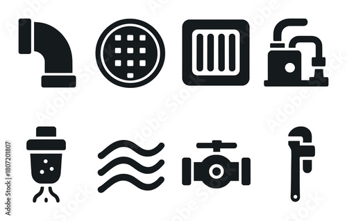 Dark industrial icons: plumbing tools and equipment on textured background