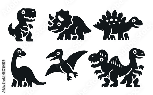 Silhouettes of dinosaurs: t-rex, triceratops, stegosaurus, sauropod, pterodactyl