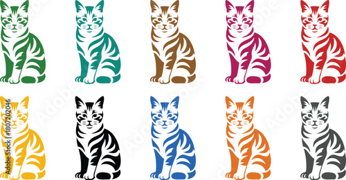 Colorful sitting cats collection in bright tones, Vibrant multicolor cat icons for design