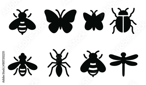 Silhouettes of insects on olive background: bees, butterflies, beetles, ants