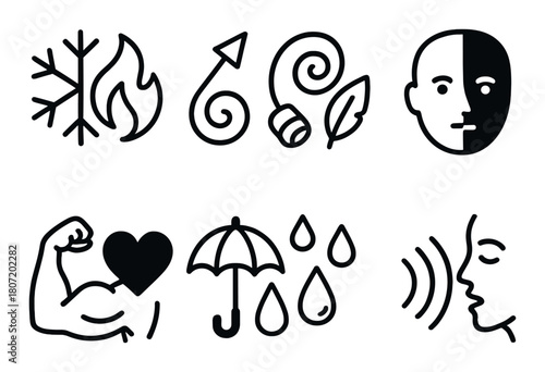 Abstract symbols: fire, water, heart, umbrella, face, elements on dark background