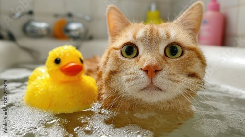 Wallpaper Mural Humorous feline bathes with a rubber duck Torontodigital.ca