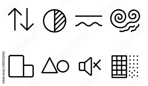 Abstract symbol collection with arrows, patterns, and shapes in black and gray theme