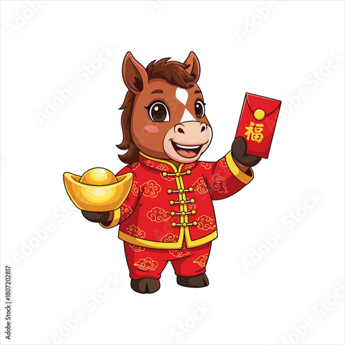 Cartoon horse in chinese traditional costume holding gold ingot and hongbao