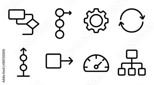 Abstract icons: process, workflow, gear, cycle, flowchart, organization