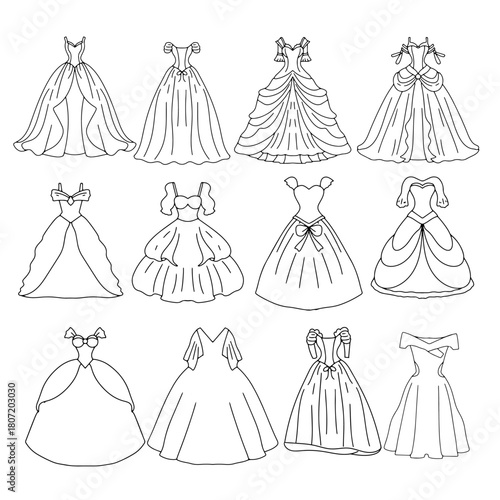 Collection of elegant ball gowns and formal dresses in a simple outline drawing style