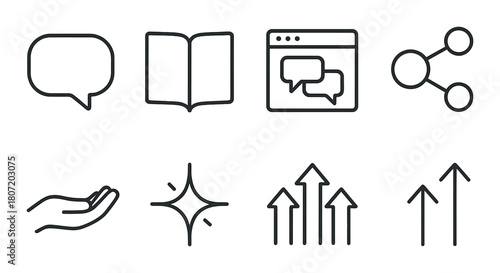 Outline icons of communication, sharing, and growth concepts on black background
