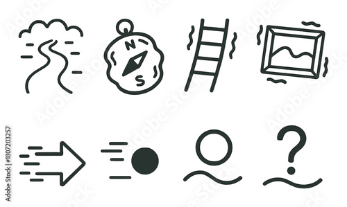 Hand-drawn adventure icons: compass, ladder, scenery, arrow, question mark