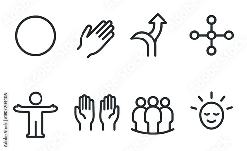 Collection of minimalist icons with people, hands, sun, and arrows in black and grey