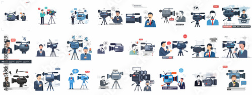 A comprehensive vector set illustrating professional news reporting, journalism, videography, and broadcasting, featuring reporters, video cameras, and live breaking news graphics.