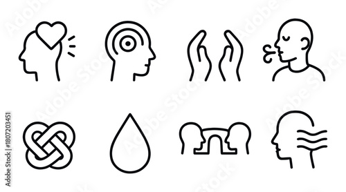 Mindfulness concept icons: heart, focus, meditation, breath, connection, water, communication, calm