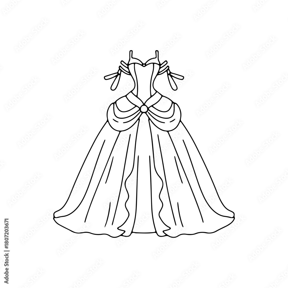 Fototapeta premium Black and white line art illustration of a classic princess ball gown, an elegant formal dress vector isolated on a white background