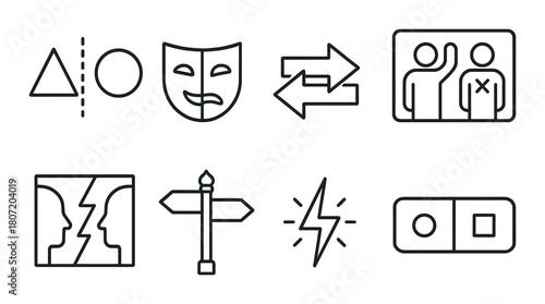 Monochrome abstract icons depicting symbols and emotions on metallic background