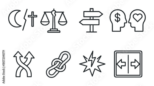 Minimalistic icon set featuring religious symbols and directional signs