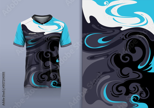 T-shirt mockup abstract texture grunge marble sport jersey design for football, soccer, racing, esports, running, black white blue color