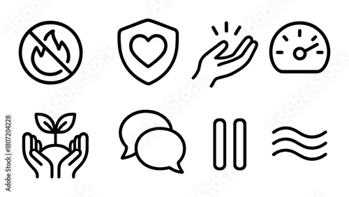 Collection of minimalist icons: protection, environment, communication, energy