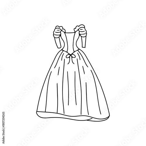 Elegant Ball Gown Illustration A Detailed Black and White Line Art Design