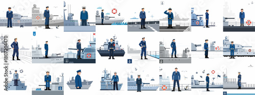 Collection of navy sailors in uniform standing on warship decks, featuring military vessels, maritime service, and defense illustration elements.