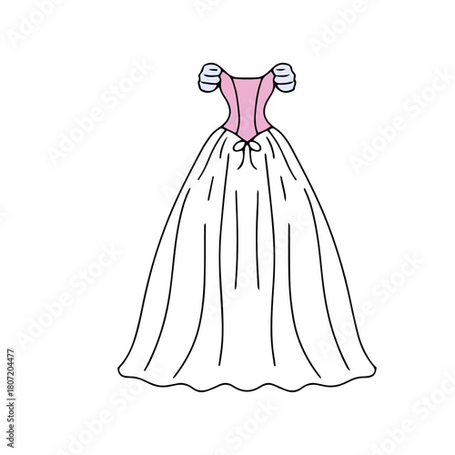 Elegant vector illustration of a princess ball gown with delicate pink bodice, puffy sleeves, and flowing white skirt. Perfect for fairytale themes, fantasy art, and fashion design