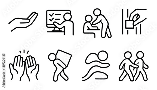 Set of icons illustrating helping hands, communication, voting, and teamwork