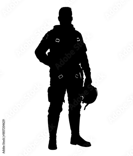 Fighter Pilot Silhouette in G-Suit Holding Helmet,  Full-Body Vector of Military Aircrew Standing