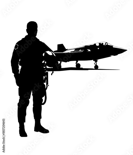 Fighter Pilot Silhouette Standing in front of a Military Jet Aircraft,  silhouette illustration of a fighter pilot standing, holding his helmet, with a modern, high-performance military jet fighter