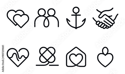 Minimalist black outline icons: love, unity, anchors, and connections