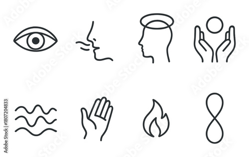 Minimalist black line art icons eye face halo hand flame infinity