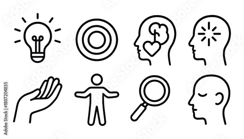 Simple line icons of human figures and concepts on black background