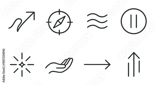 Monochrome icon set representing navigation, pause, gesture, directional symbols