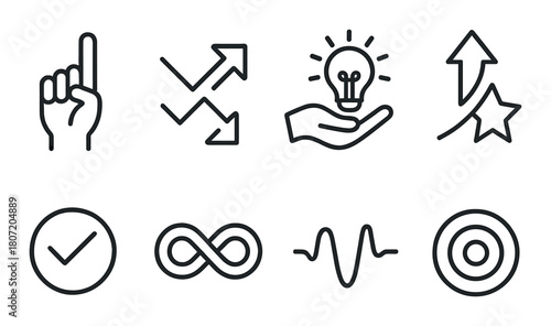 Monochrome business icons: growth, innovation, success, and efficiency symbols
