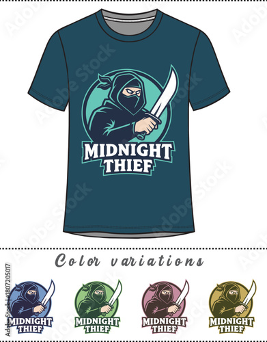 Midnight Thief ninja mascot vector design for t-shirt
Warrior character logo with sword on dark background