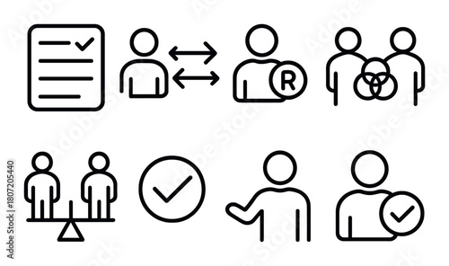 Minimalist symbols on dark background: communication, recognition, teamwork, balance