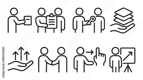 Business icons: collaboration, growth, presentation, and management