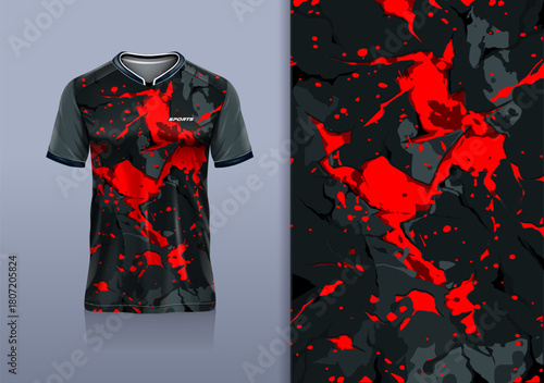 T-shirt mockup abstract texture grunge sport jersey design for football, soccer, racing, esports, running, red black color