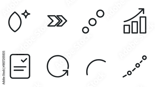 Minimalist black icons on textured background: growth, checkmark, circle, curve, arrow, dots