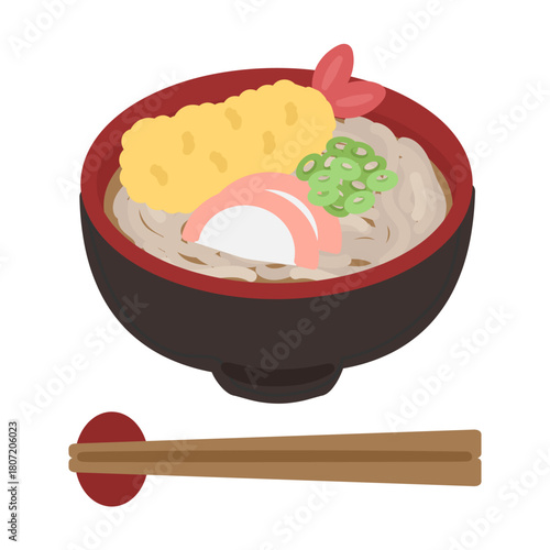 年越しそば（天ぷらそば）と箸　イラスト