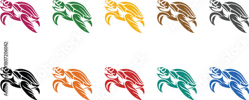 Stylized sea turtles in various colors on white background, Multicolor turtle marine life icons