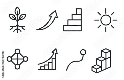 Minimalist growth icons: arrow, steps, sun, plant, cube, graph