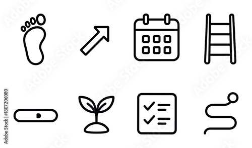 Minimalist icons set: footprint, arrow, calendar, ladder, button, plant, checklist, path