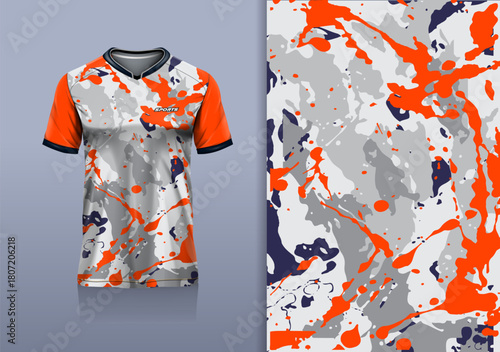 T-shirt mockup abstract texture grunge water sport jersey design for football, soccer, racing, esports, running, orange gray white color