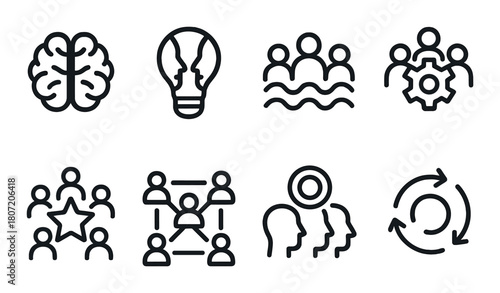 Abstract icons representing brainstorming, teamwork, innovation, and collaboration concepts