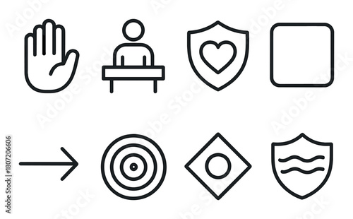 Minimalist black icons: hand, desk, shield, target, arrow, heart, shapes on dark texture