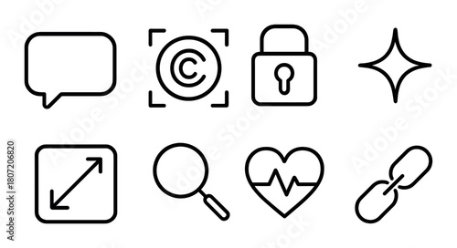 Icon set featuring copyright, security, communication, and search symbols