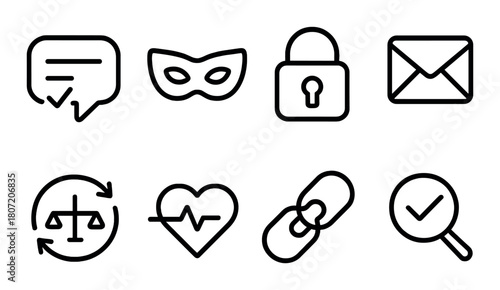 Cybersecurity icons: privacy, security, communication, and encryption symbols