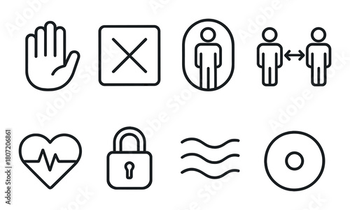 Security and safety symbols including lock, social distance, and health icons