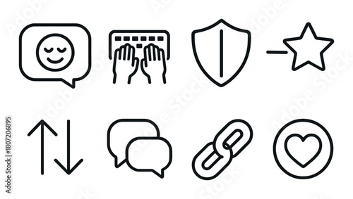Minimalist icon set with smiley, keyboard, shield, star, arrows, chat bubbles, link, and heart