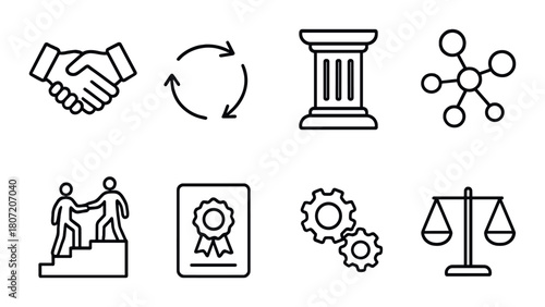 Icons of business ethics and teamwork featuring handshake and scales