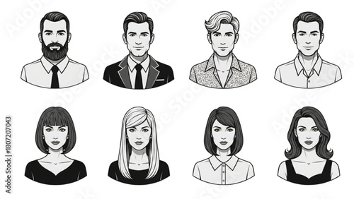 Monochrome Vector Set of Business People Avatars and Professional Portraits in Black and White Line Art Style